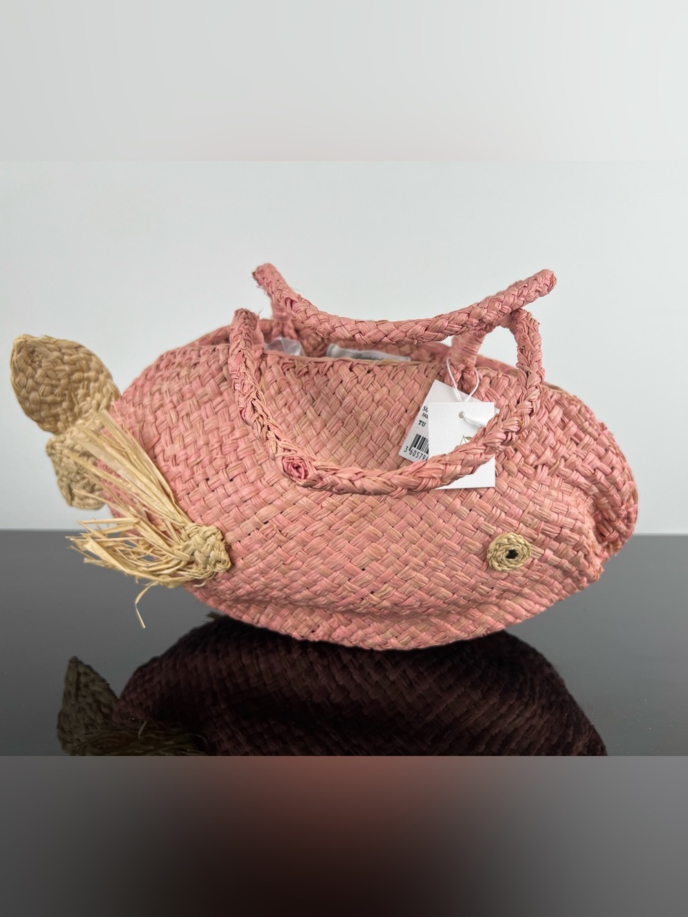 Bonpoint Girls Raffia Straw Woven Fish Bag, Pink - Picture 2 of 11